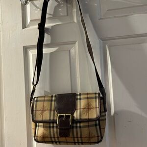 Burberry Beige Plaid Crossbody Bag with Brown Leather Trim